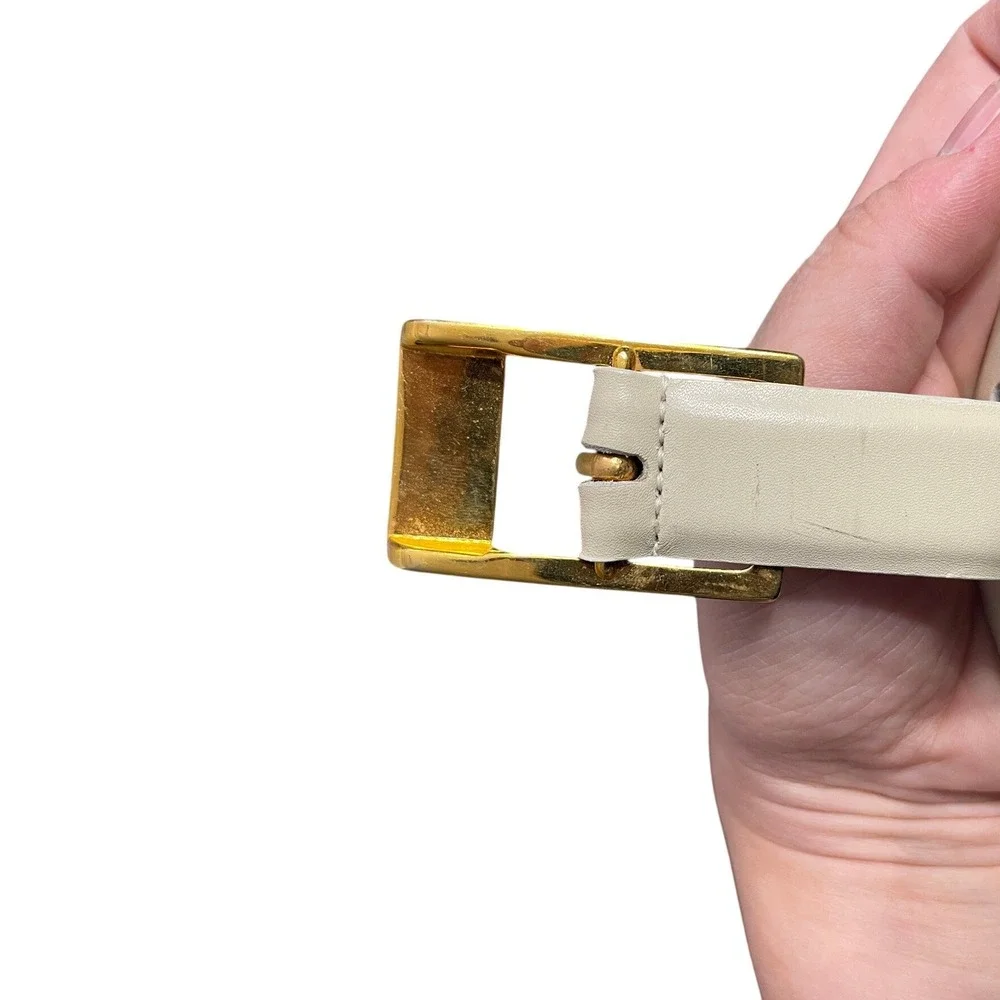 Vintage 90s Lejon Cream Italian Calfskin Leather Belt 1X Gold Buckle Minimalist
